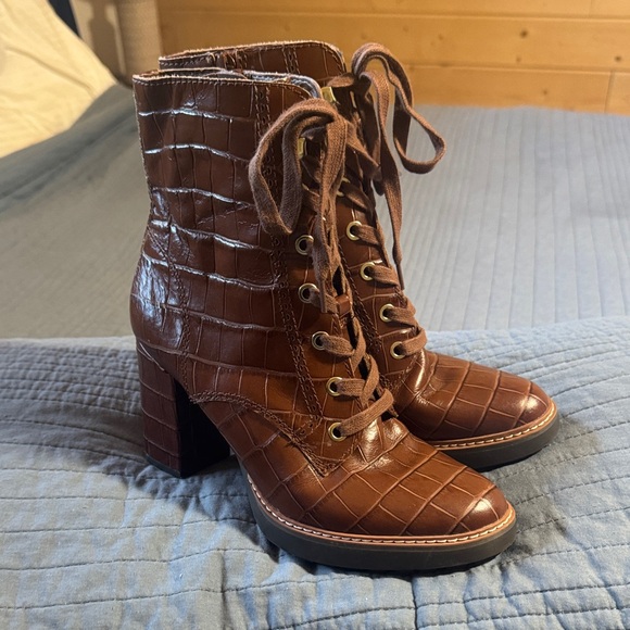 Naturalizer Brown Croc-Embossed Lace-Up Block Heel Boots - Picture 3 of 10